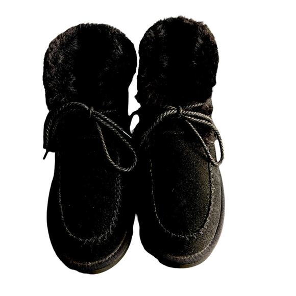 Lamo Ankle Boots Womens Size 7 Black Suede Faux Fur Lined Tie Booties Boots - Picture 1 of 9